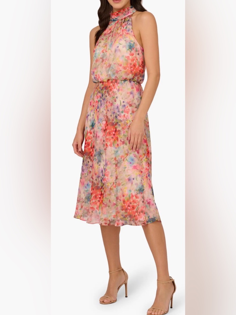 Adrianna Papell Metallic Halter-Neck Floral Blouson Midi Dress. Size 12